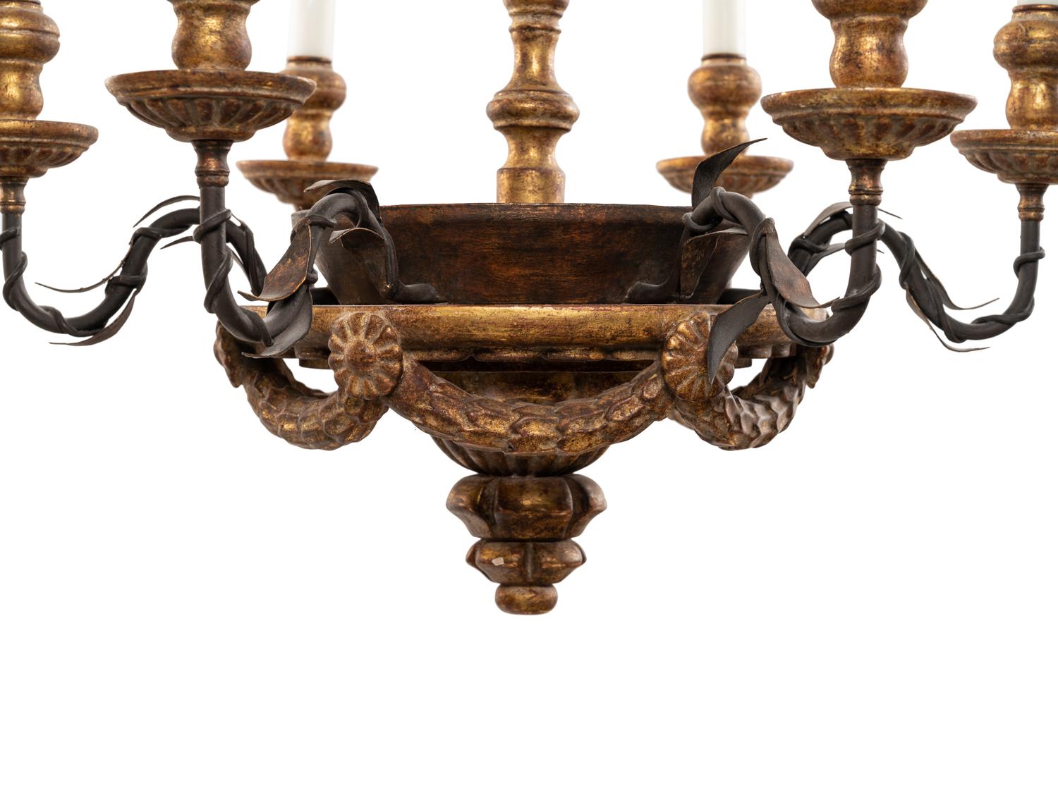 A Neoclassical Parcel Gilt Six-Light Chandelier