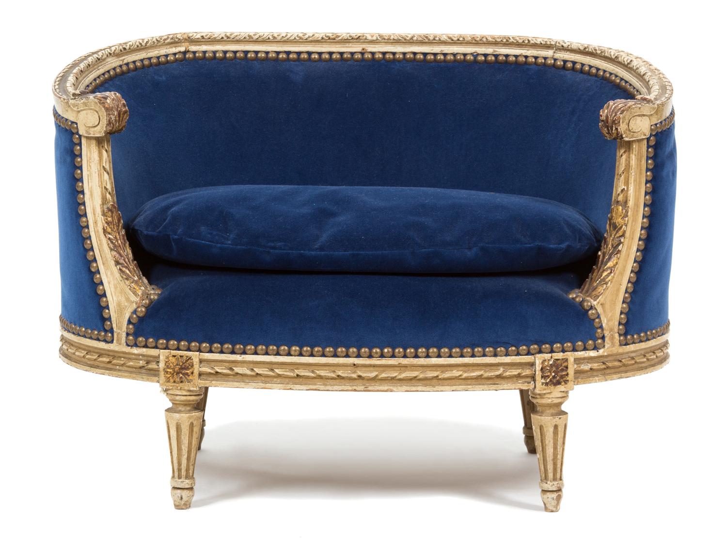 A Louis XVI Style Carved and Painted Diminutive Canape Height 17 x width 23 1/2 x depth 17 inches. — 19TH CENTURY