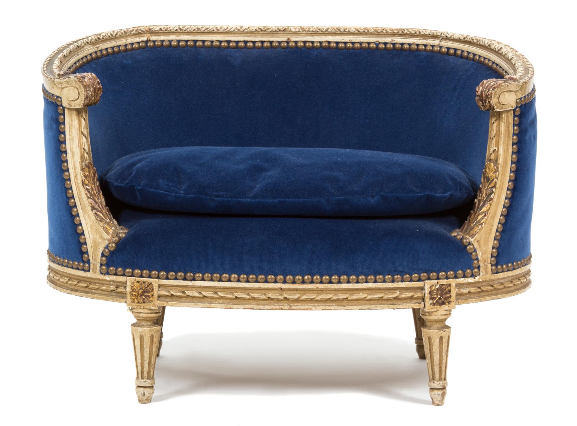 A Louis XVI Style Carved and Painted Diminutive Canape Height 17 x width 23 1/2 x depth 17 inches. — 19TH CENTURY
