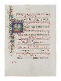 [ILLUMINATED MANUSCRIPTS]. Antiphonal leaf with large historiated initial “D” on verso depicting the Crucifixion with the Virgin Mary, St. John the Evangelist and St. Mary Magdalene at the foot of the Cross. [Italy, 15th century].