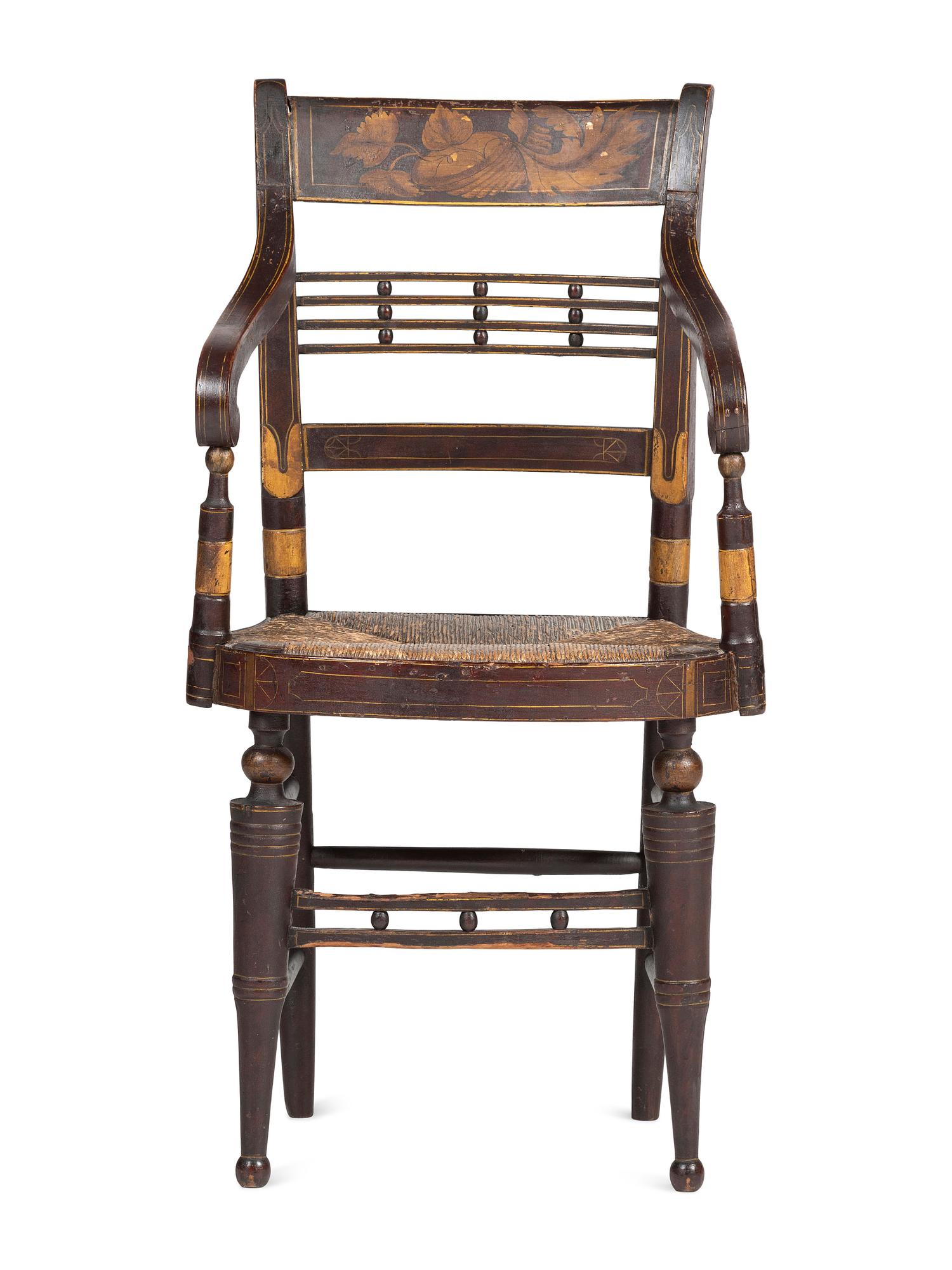 A Classical Paint-Decorated Fancy Child's Hitchcock Rush-Seat Armchair
