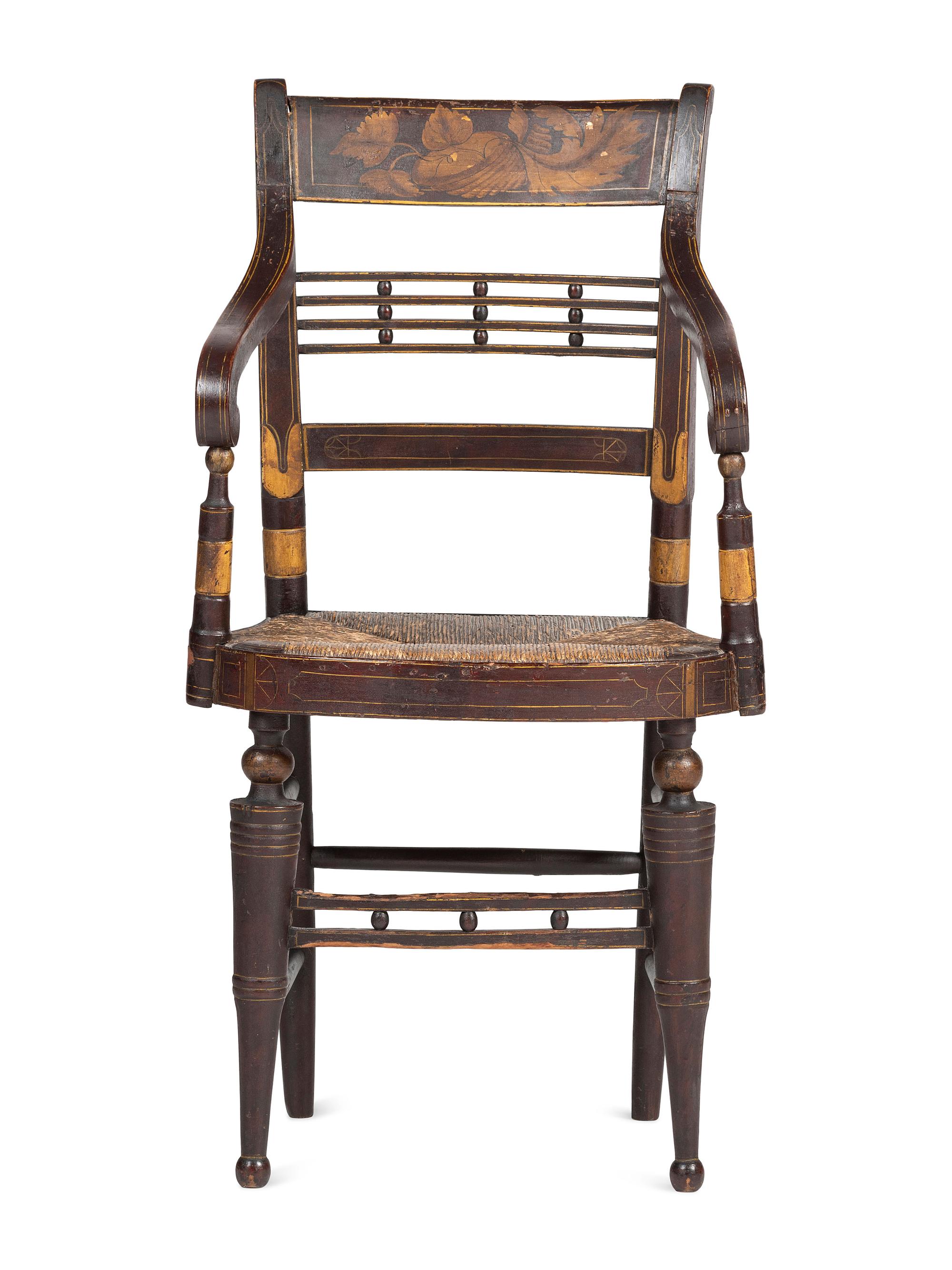 A Classical Paint-Decorated Fancy Child's Hitchcock Rush-Seat Armchair