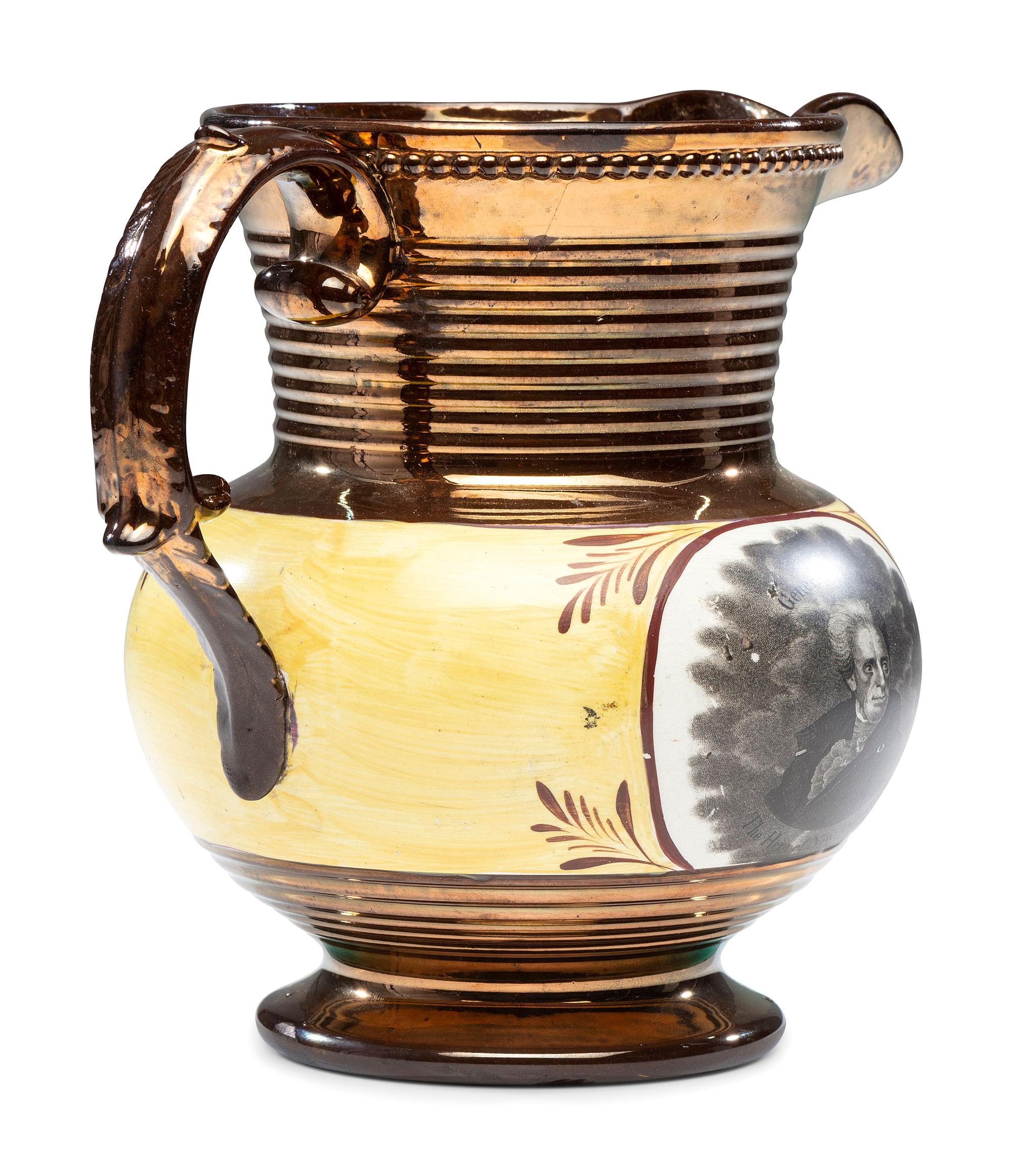 A Staffordshire Transfer-Printed Copper Lustre 'General Jackson Hero of New Orleans' Pitcher