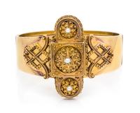 An Etruscan Revival 18 Karat Yellow Gold and Split Pearl Bangle Bracelet, Gustav Dahlgren & Co, Circa 1875, 18.70 dwts.