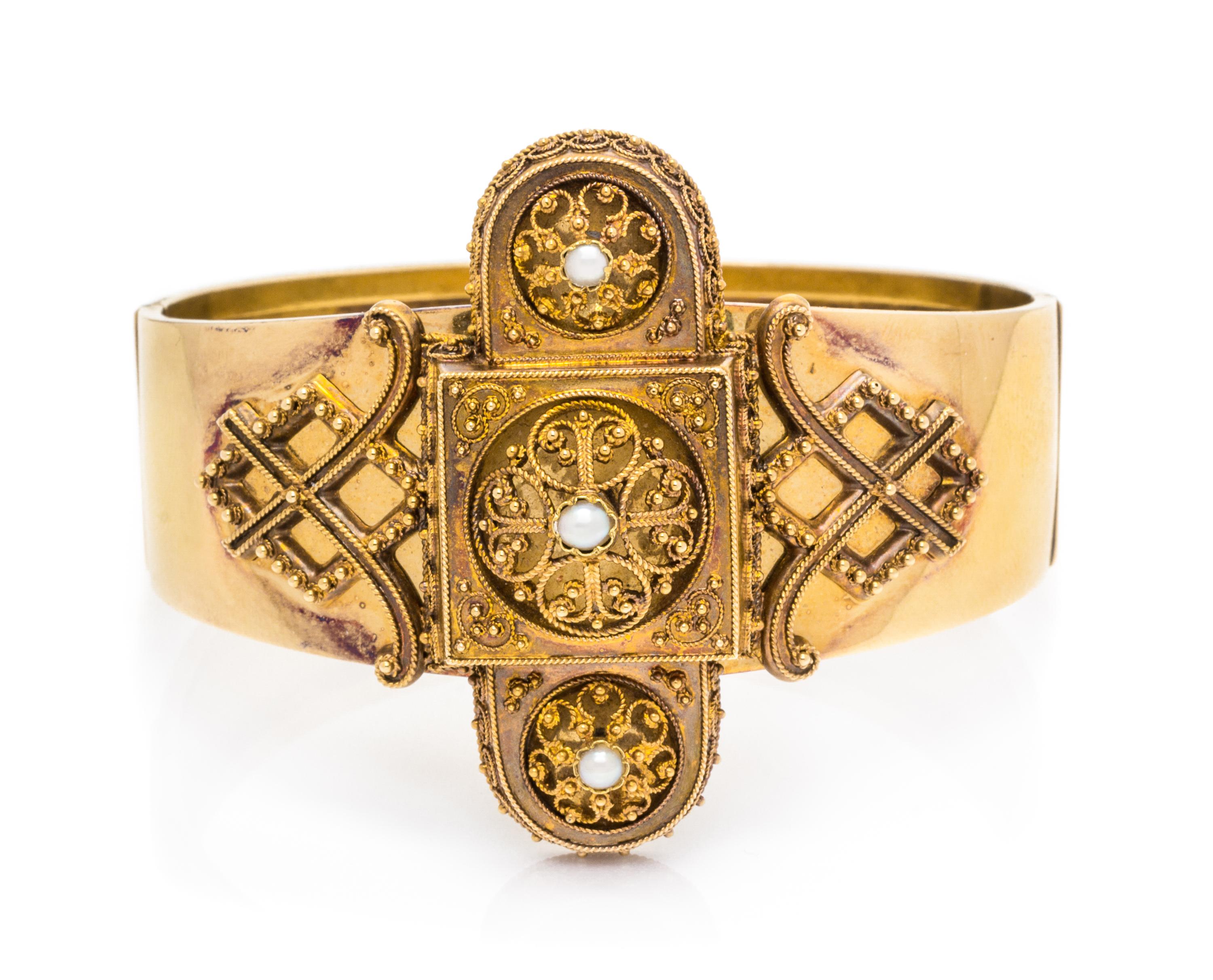 An Etruscan Revival 18 Karat Yellow Gold and Split Pearl Bangle Bracelet, Gustav Dahlgren & Co, Circa 1875, 18.70 dwts.