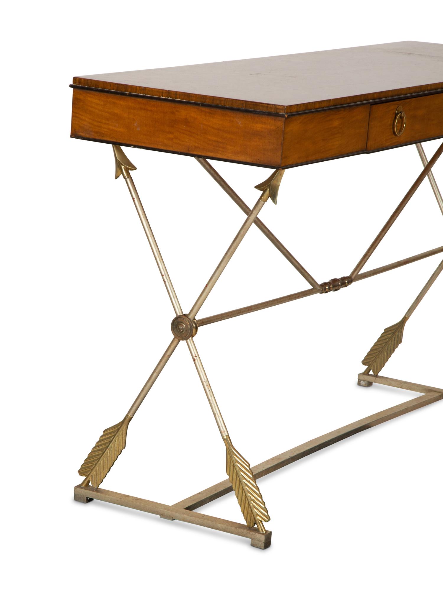 A Neoclasscial Style Crossbanded Walnut and Patinated Metal Console Table — 20TH CENTURY