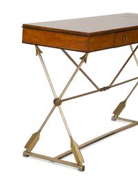 A Neoclasscial Style Crossbanded Walnut and Patinated Metal Console Table — 20TH CENTURY