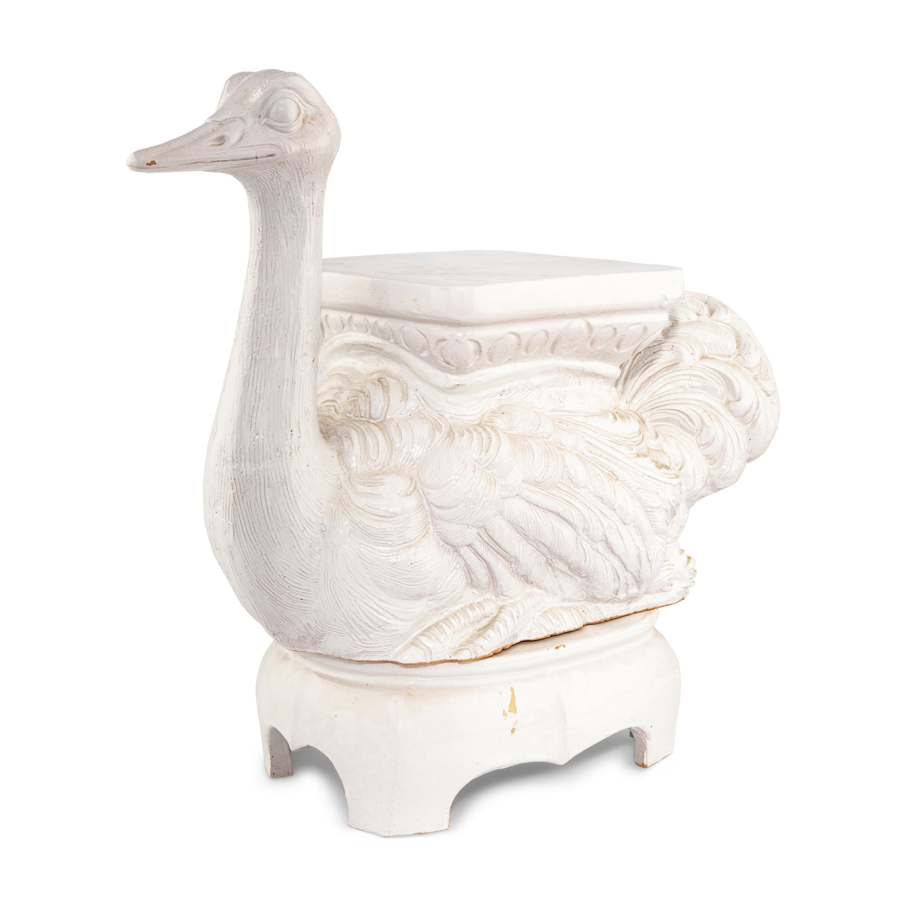 An Italian White-Glazed Earthenware Ostrich-Form Stool
