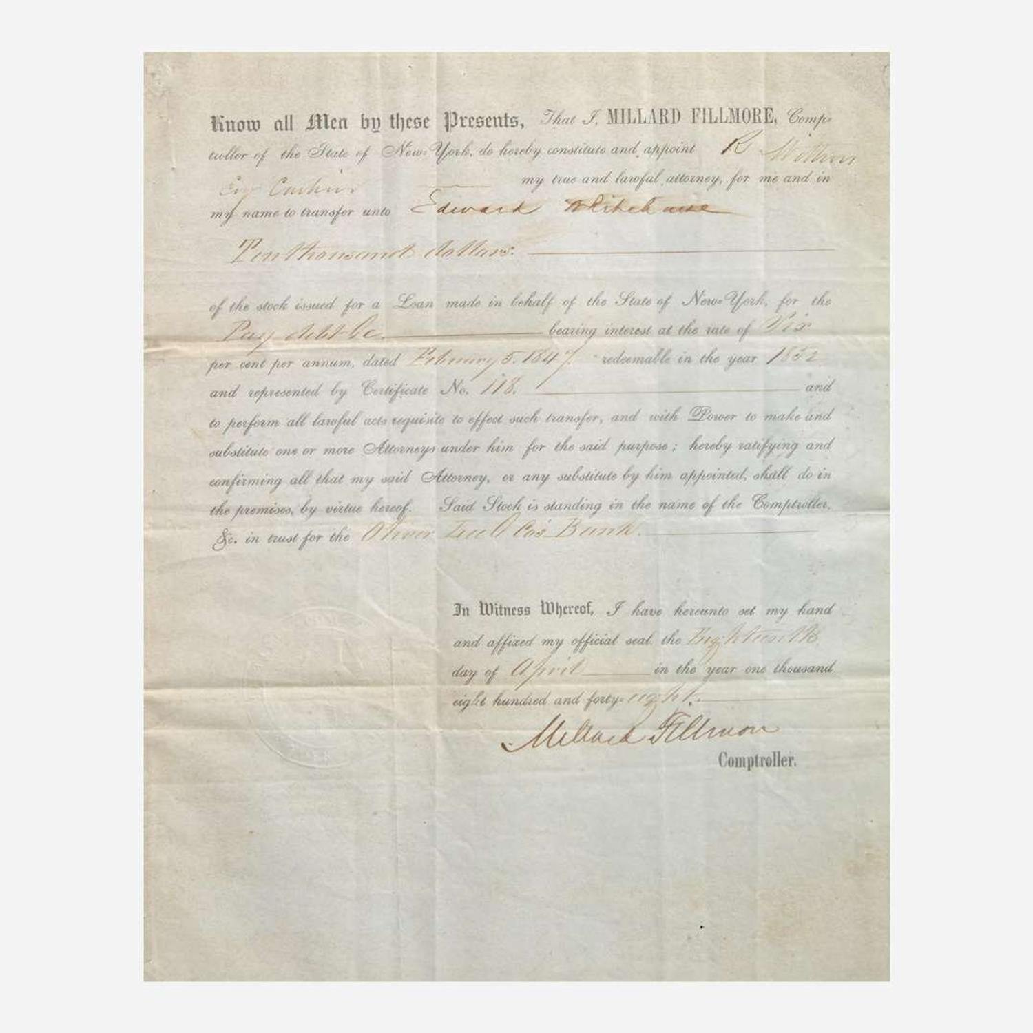 [Presidential] Fillmore, Millard, and Franklin Pierce and James Buchanan Group of 3 Signed Items