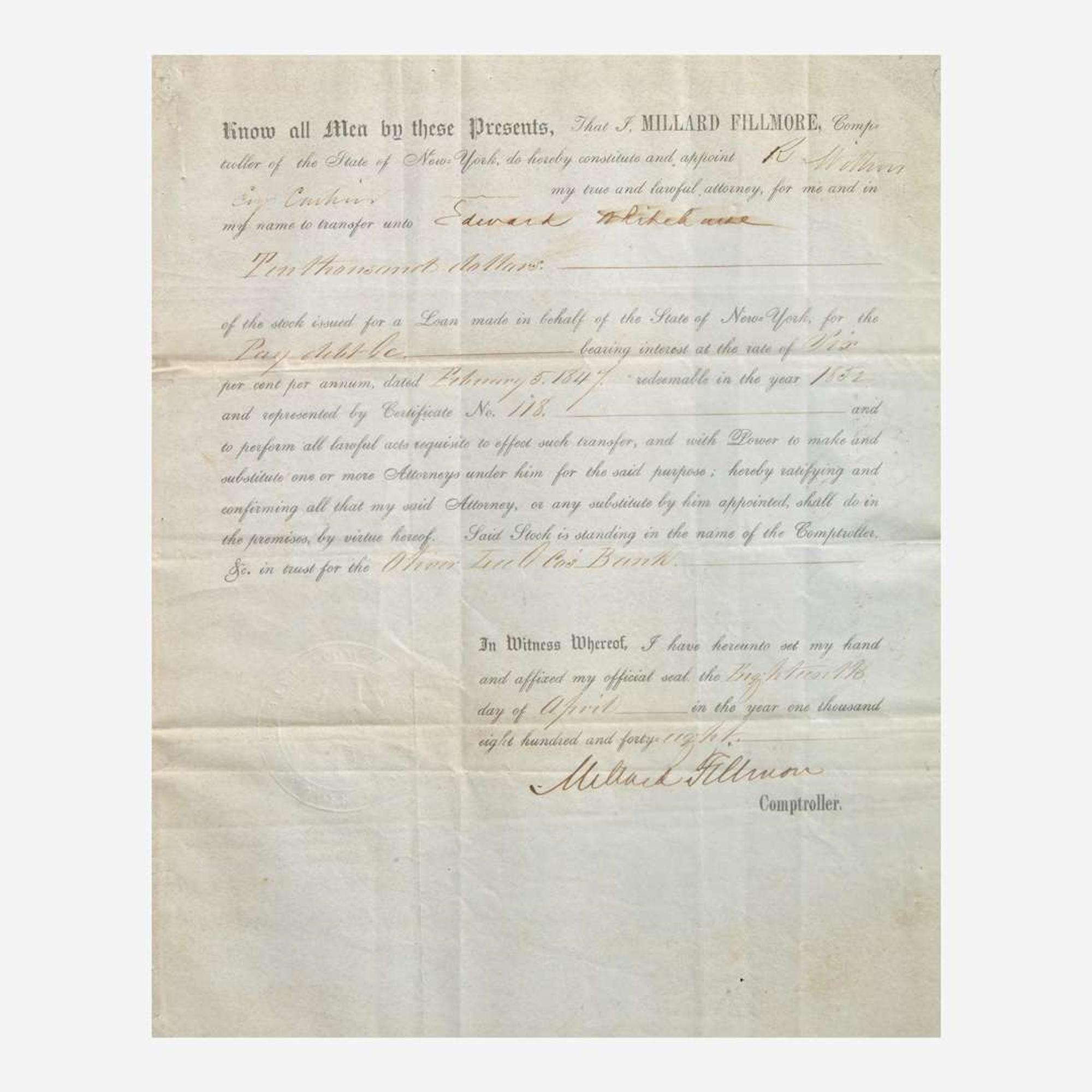 [Presidential] Fillmore, Millard, and Franklin Pierce and James Buchanan Group of 3 Signed Items