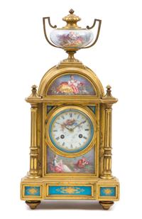 A Louis XVI Style Porcelain Mounted Gilt Bronze Mantle Clock Height 15 inches. — MOVEMENT BY RAINGO FRERES, 19TH CENTURY