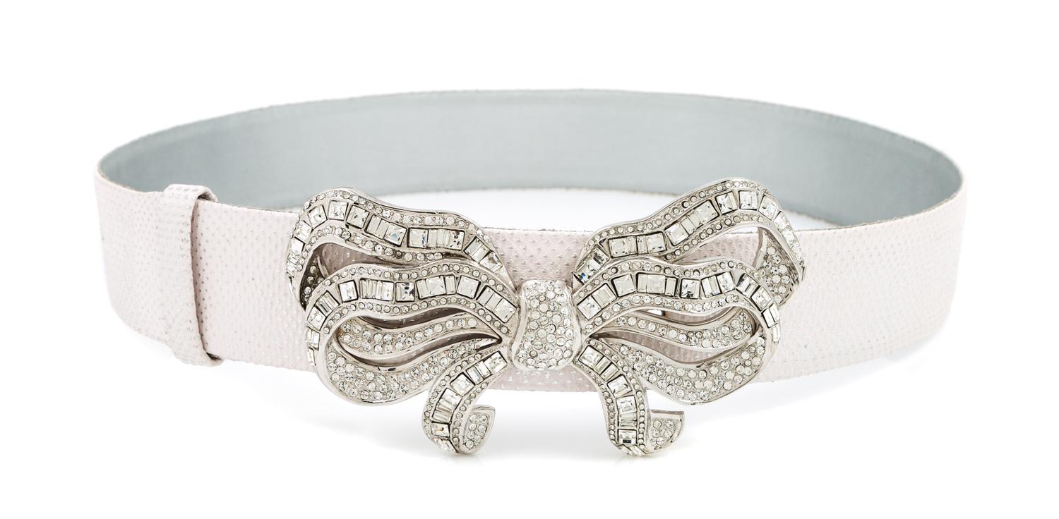 A Judith Leiber White and Silver Metallic Belt, Size small. 33.5"