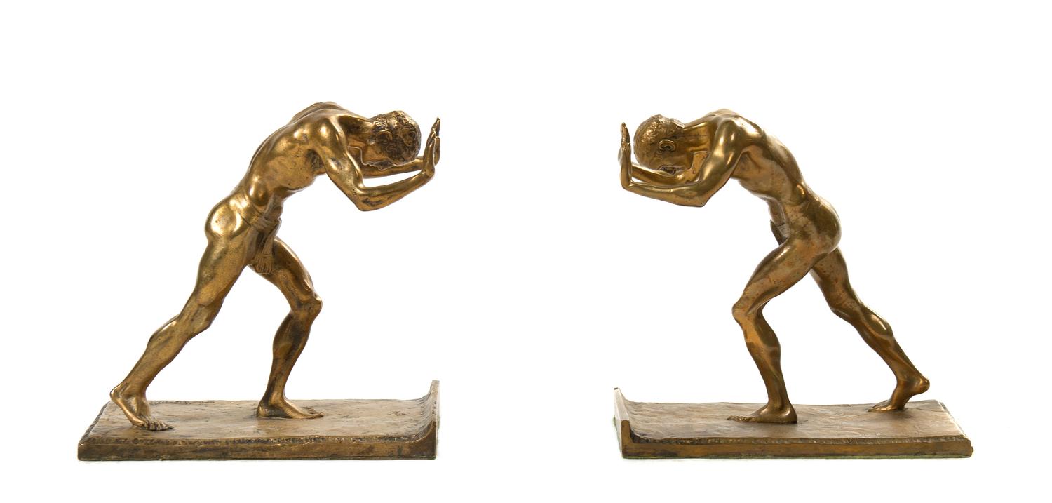 An Assembled Pair of Gilt Bronze Figural Bookends, Isadore Konti (American/Austrian, 1862-1938), Height 6 3/8 inches.