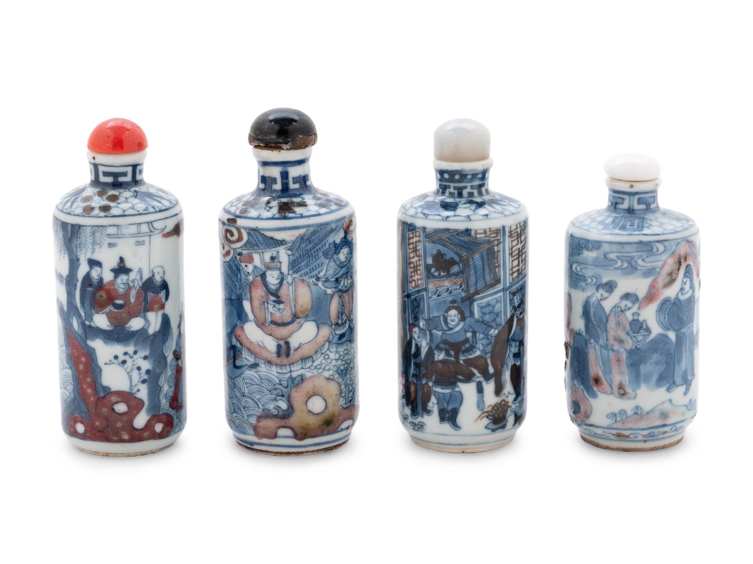 Four Chinese Red and Underglaze Blue Porcelain Snuff Bottles