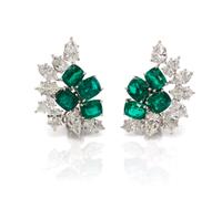 A Pair of Platinum, Emerald and Diamond Earclips, 10.40 dwts.