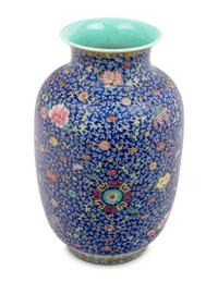 A Chinese Blue Ground Famille Rose Porcelain Baluster Vase