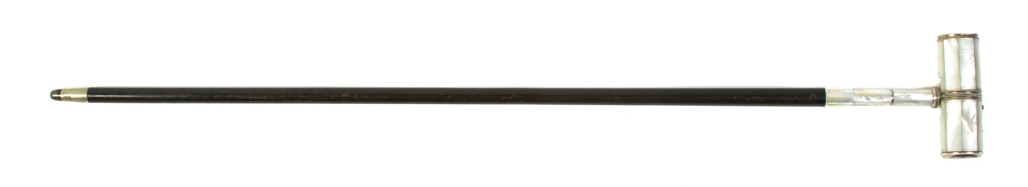 A Mother-of-Pearl Veneered Binocular Mounted Cane, Height overall 34 7/8 x width of spy glasses 4 5/8 inches.