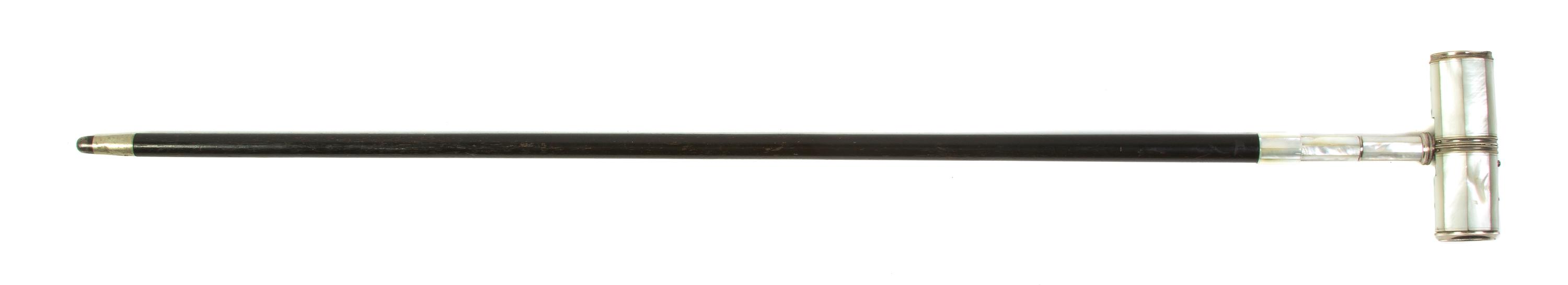 A Mother-of-Pearl Veneered Binocular Mounted Cane, Height overall 34 7/8 x width of spy glasses 4 5/8 inches.
