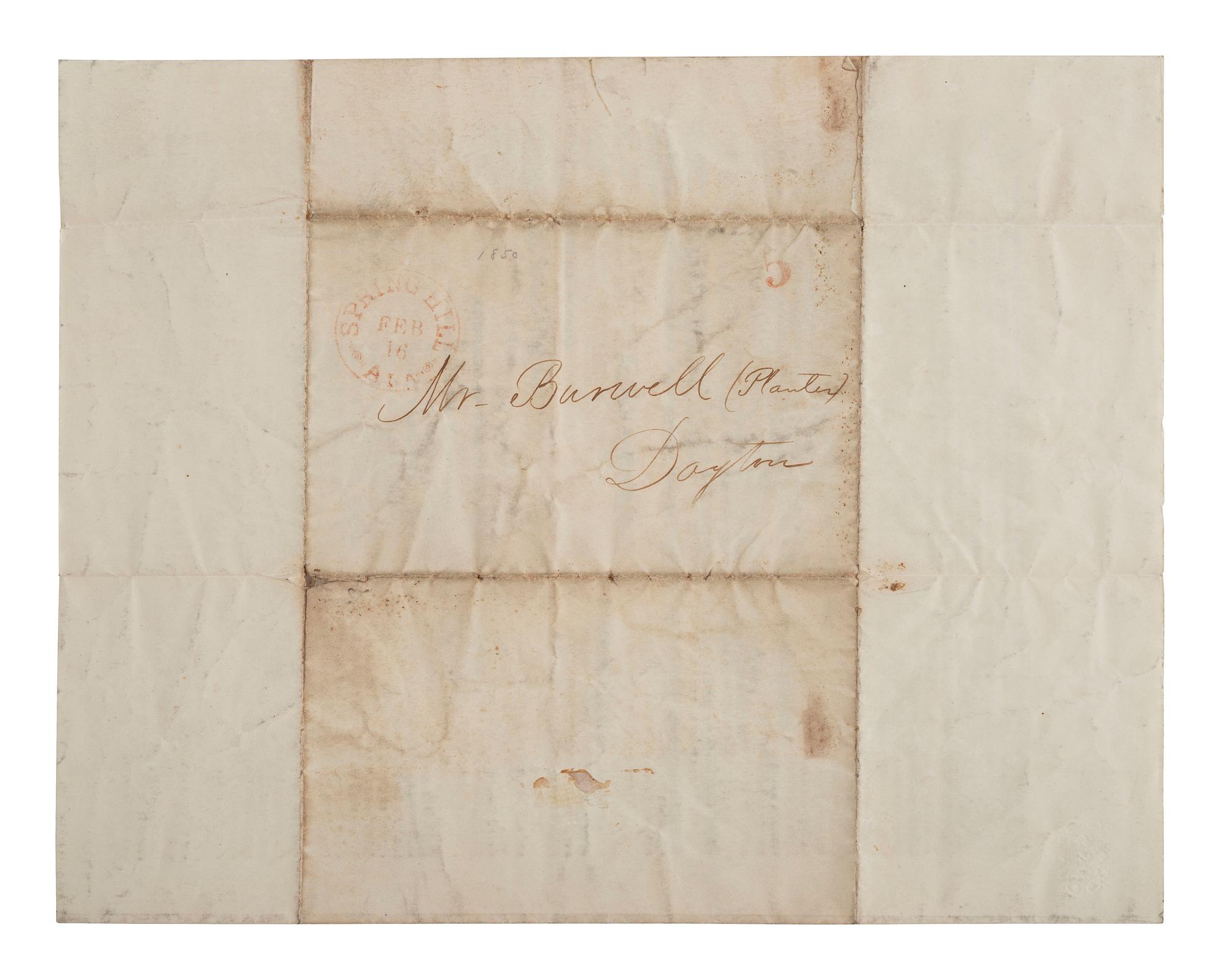 [SLAVERY & ABOLITION]. BREAKER, C.M. To Planters and Other Slaveholders. Spring Hill, AL, 13 November 1849. Handbill to evangelize to enslaved people.
