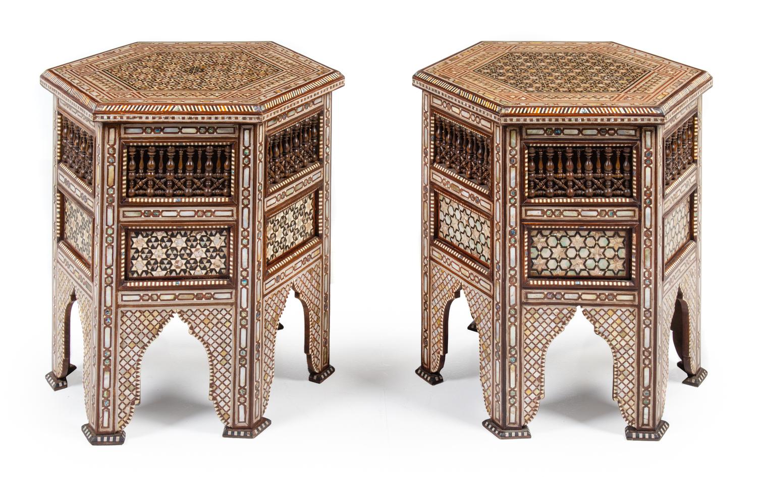 A Pair of Moorish Mother-of-Pearl Inlaid Side Tables Height 25 x width 24 inches. — 20TH CENTURY