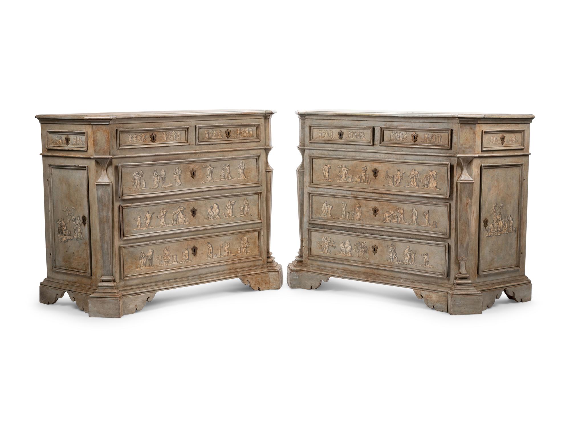 A Pair of Venetian Style Gray-Painted Side Cabinets