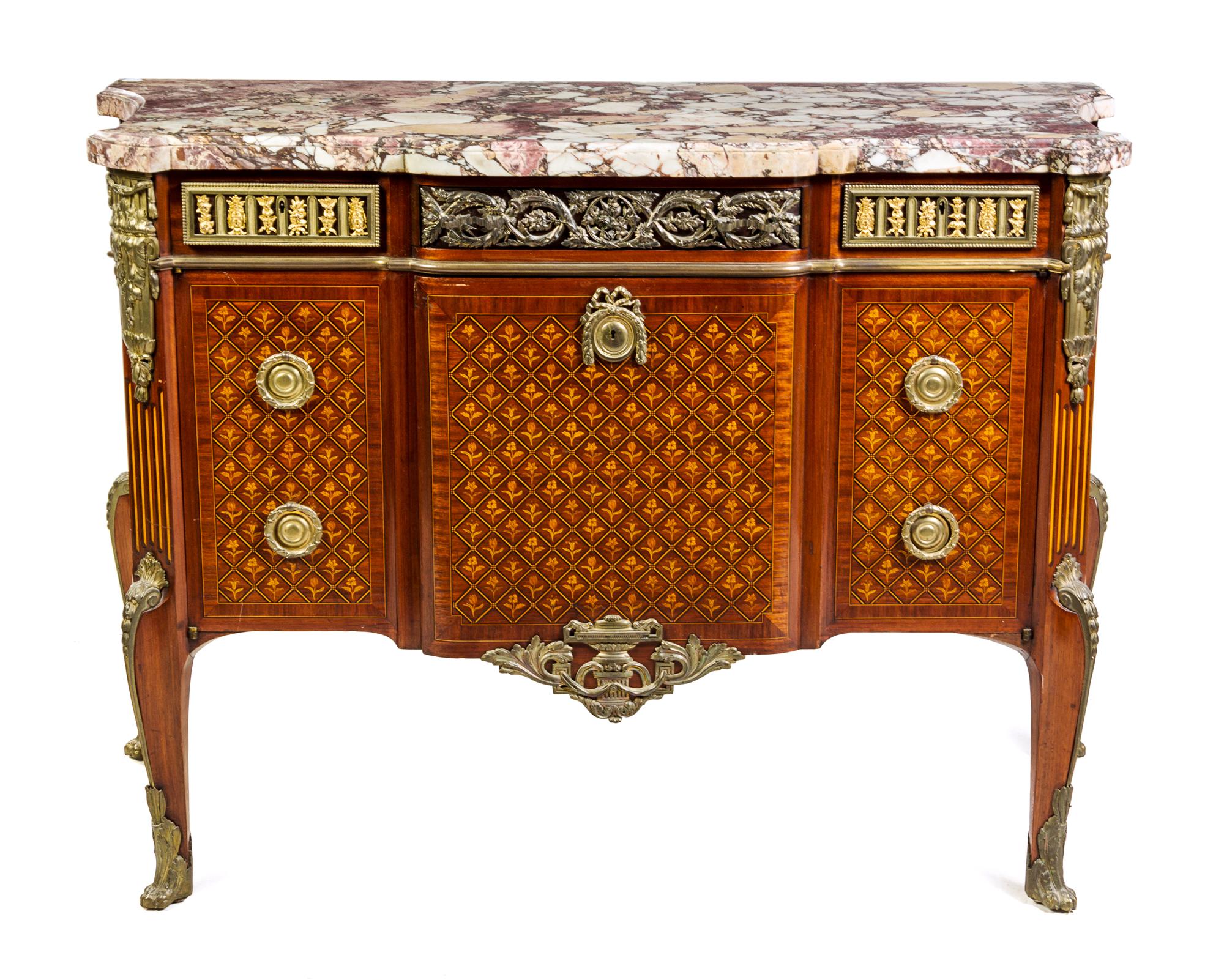 A Louis XV/XVI Transitional Style Gilt Bronze Mounted Marquetry Commode Height 36 x width 50 x depth 22 inches. — CIRCA 1900