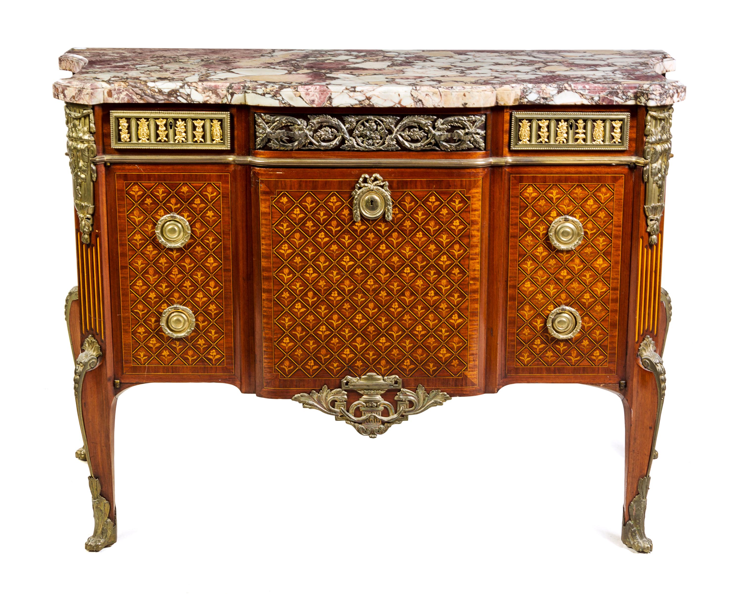 A Louis XV/XVI Transitional Style Gilt Bronze Mounted Marquetry Commode Height 36 x width 50 x depth 22 inches. — CIRCA 1900