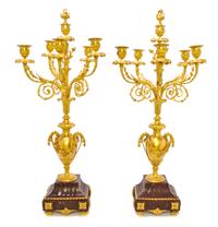 A Pair of Louis XVI Style Gilt Bronze and Rouge Marble Six-Light Candelabra, Height 26 1/2 inches.