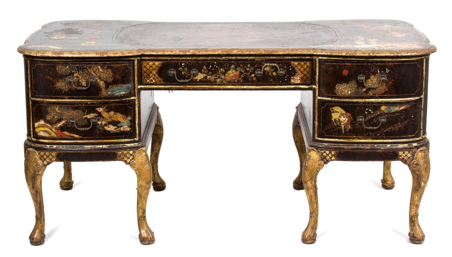 A George II Style Polychromed Lacquer and Gilt Decorated Desk Height 30 1/2 x width 63 x depth 31 1/2 inches. — 19TH CENTURY