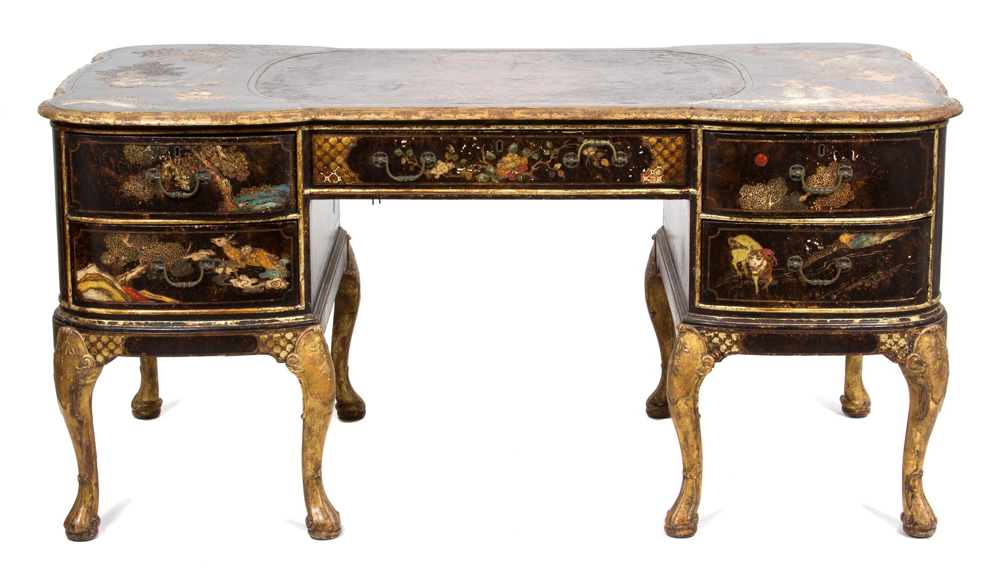 A George II Style Polychromed Lacquer and Gilt Decorated Desk Height 30 1/2 x width 63 x depth 31 1/2 inches. — 19TH CENTURY