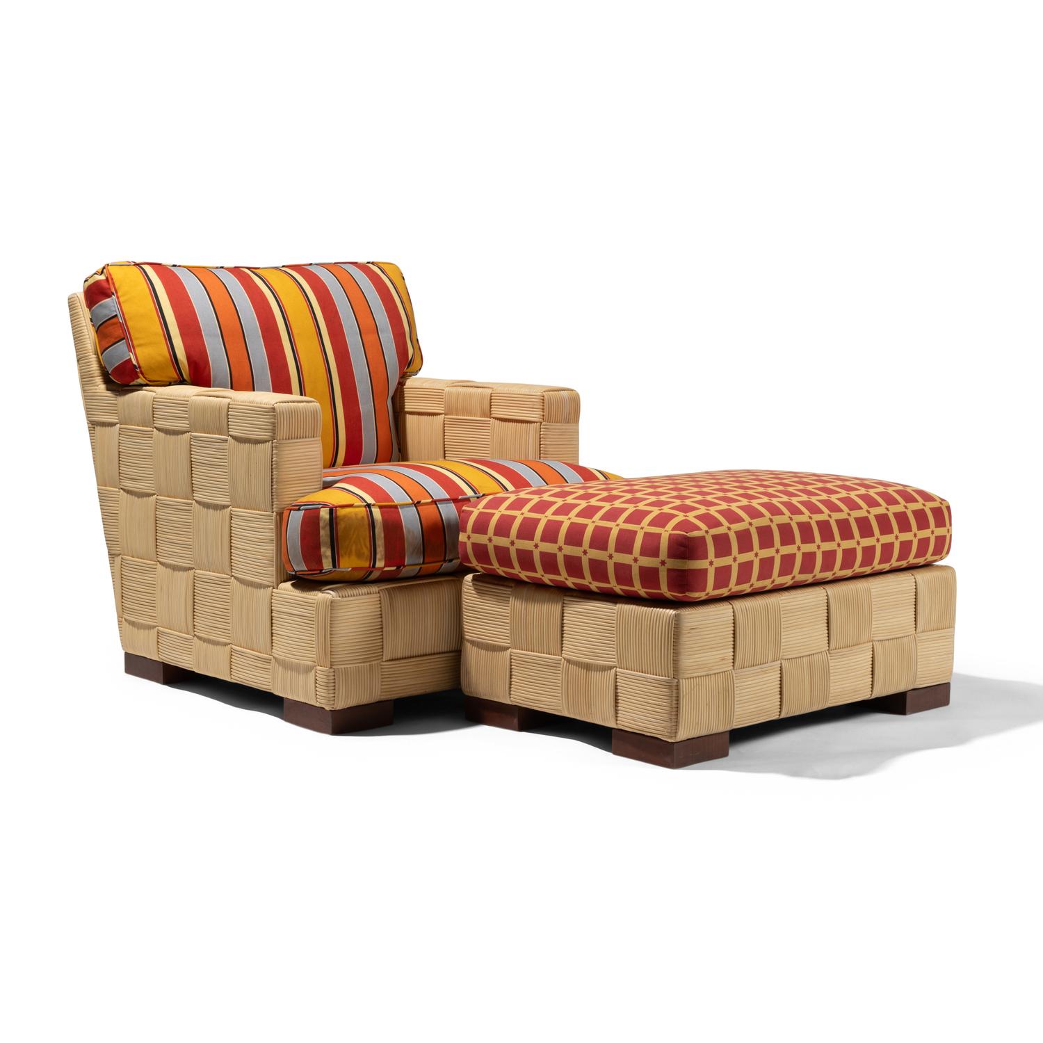 John Hutton for Donghia c. 1990 — Block Island Rattan Club Chairs and Ottoman Donghia Furniture