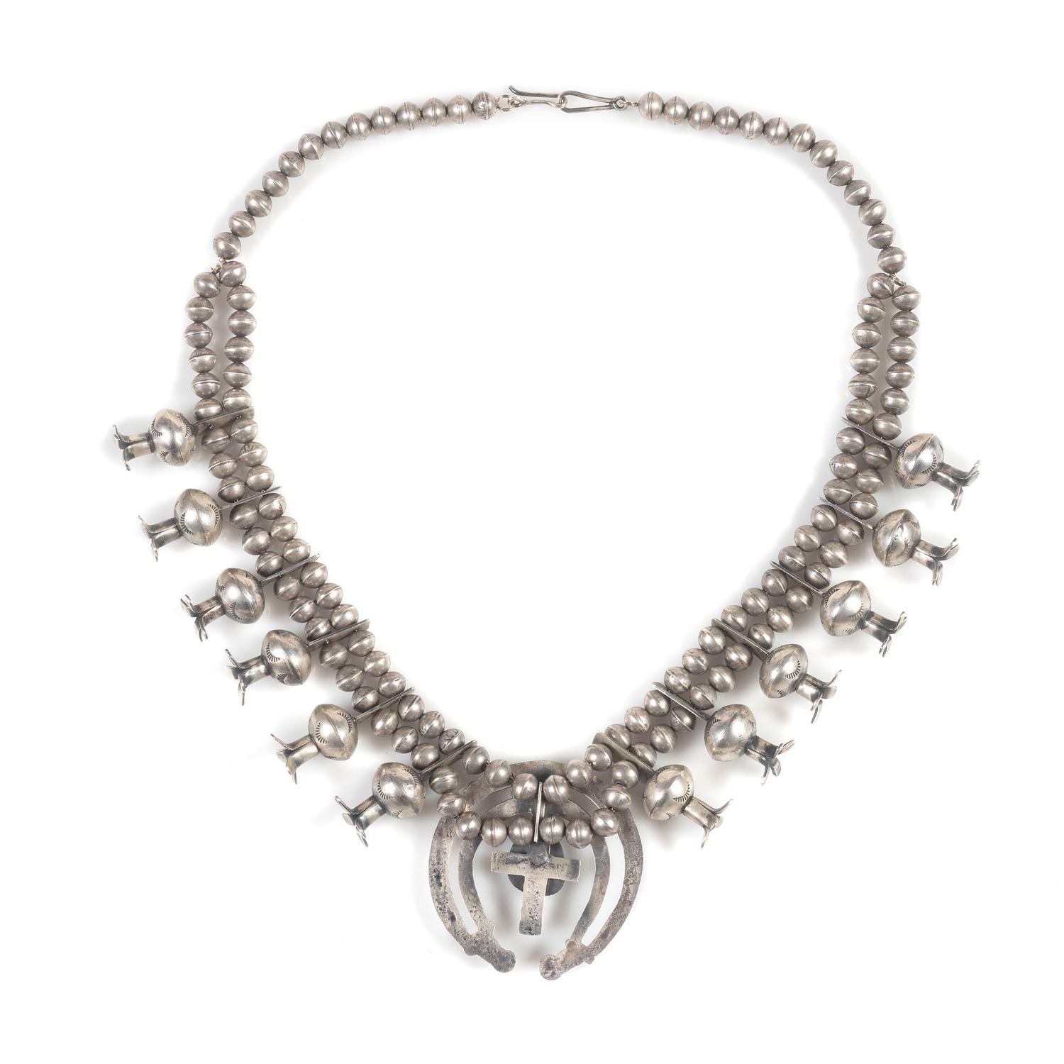 Navajo Silver and Turquoise Squash Blossom Necklace