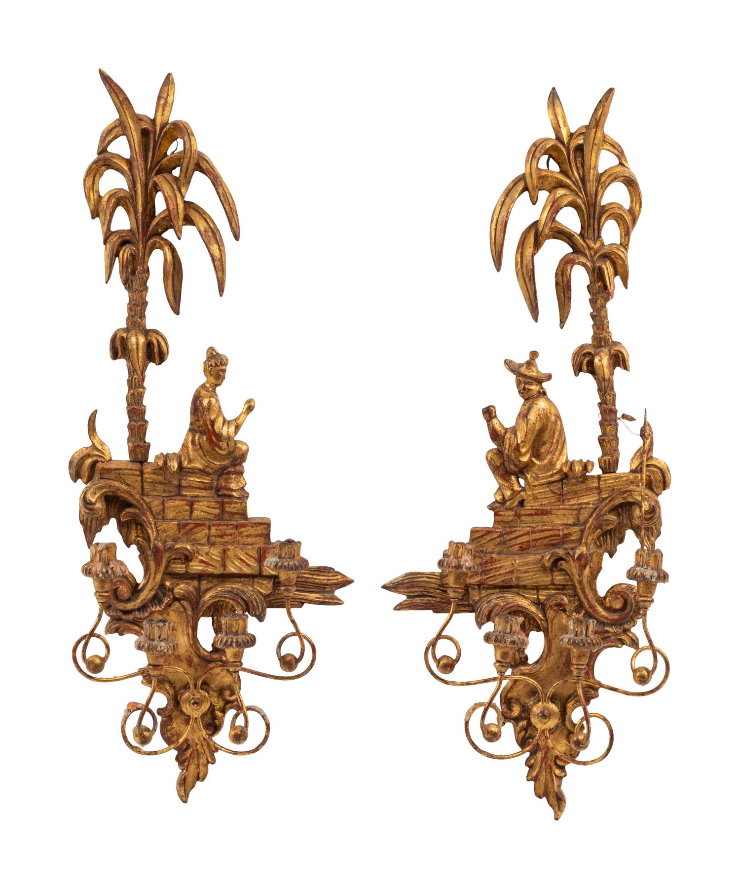 A Pair of Italian Giltwood Four-Light Sconces