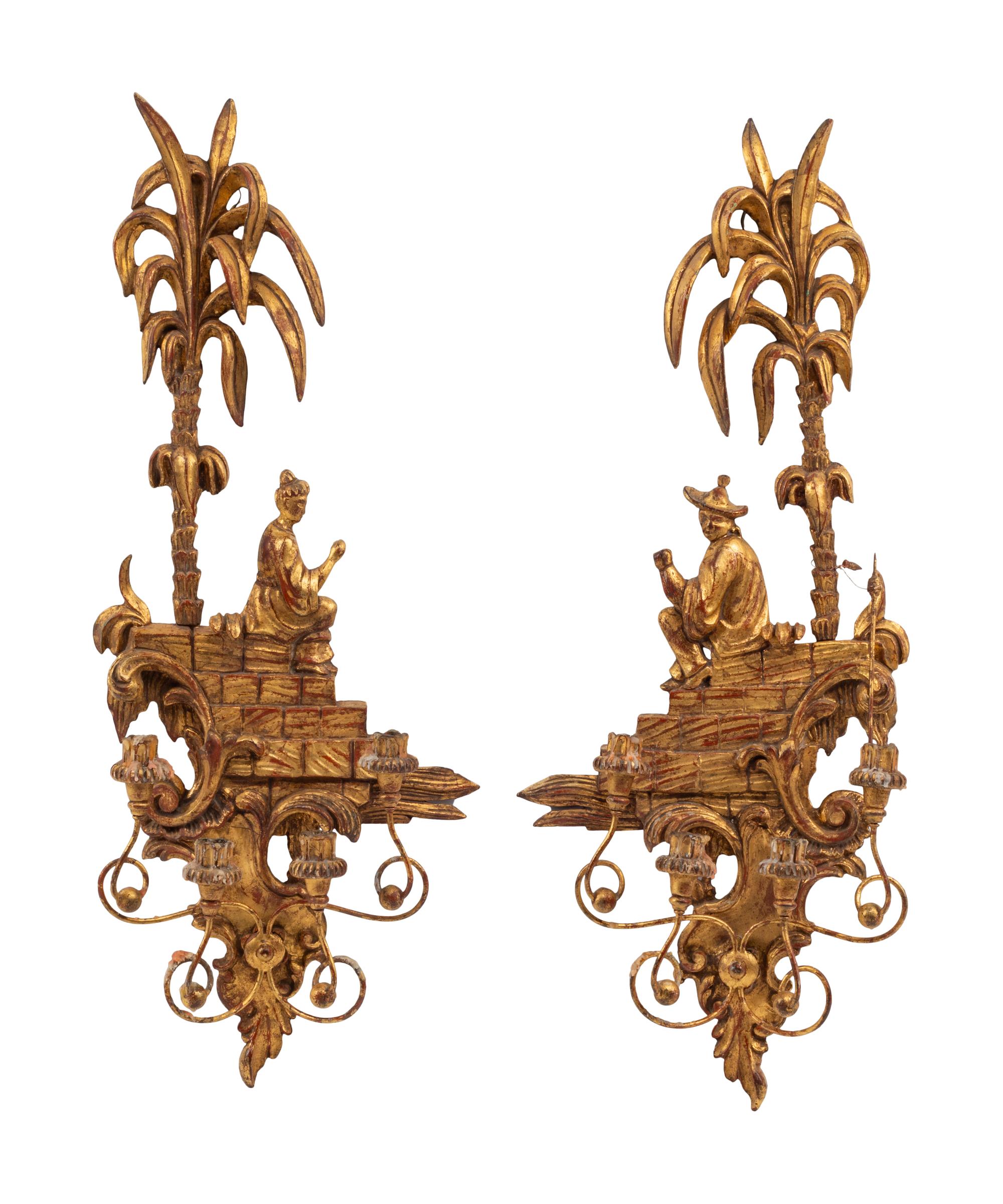 A Pair of Italian Giltwood Four-Light Sconces