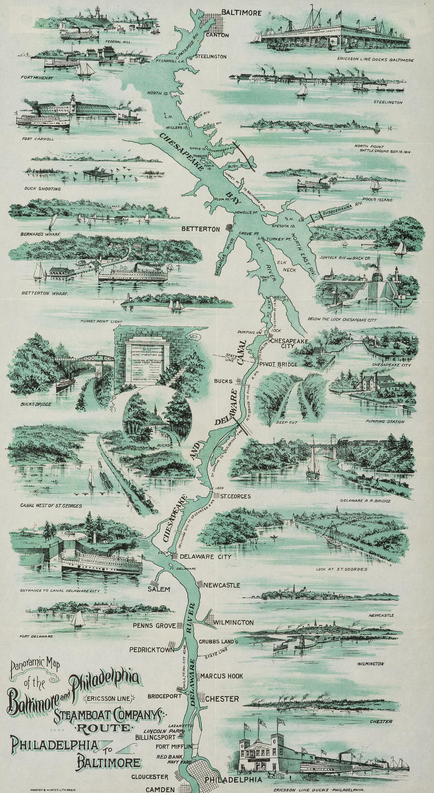 [TRANSPORTATION]. Panoramic Map of the Baltimore and Philadelphia Steamboat Company's Route. Philadelphia: Webster & Hunter, ca 1897.