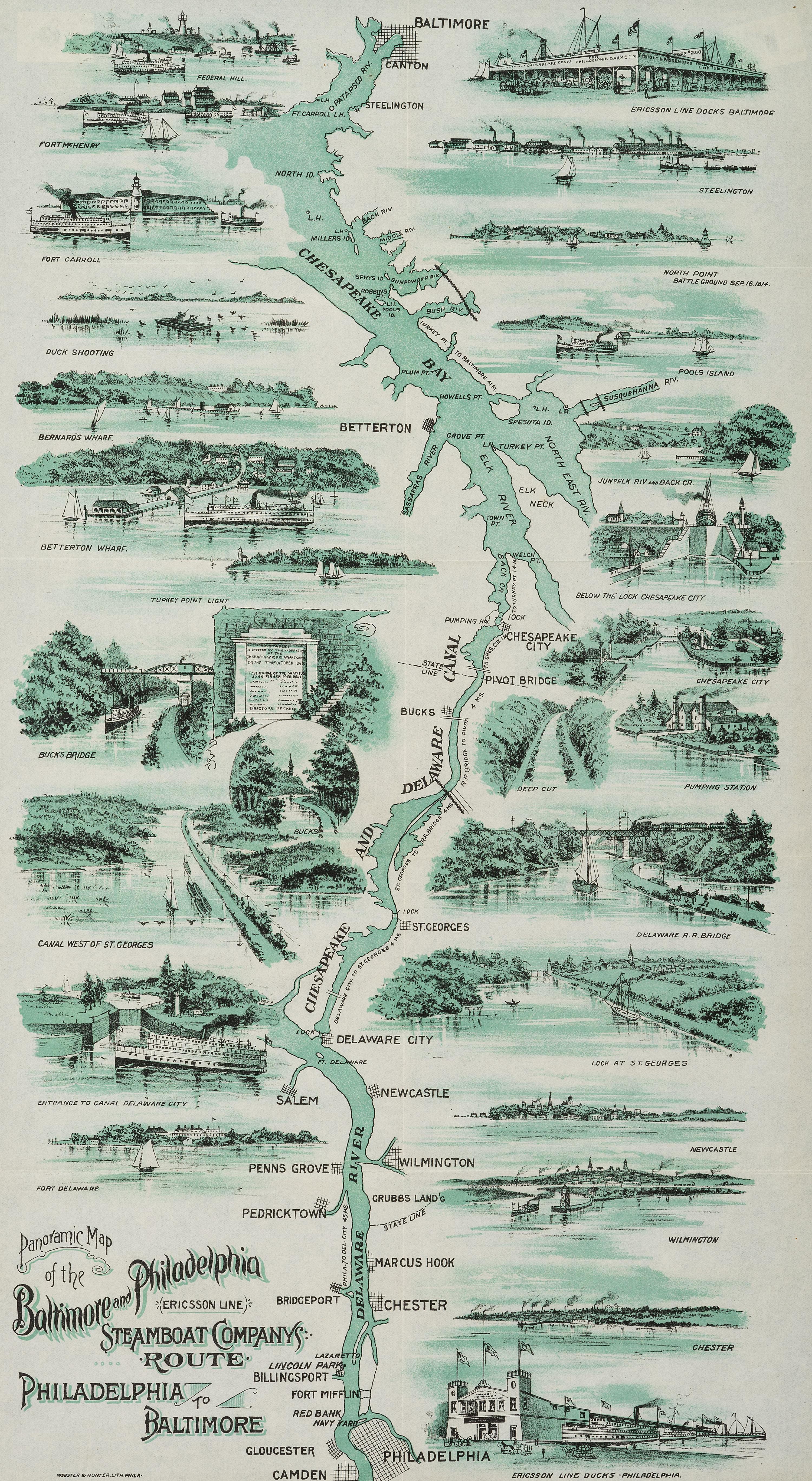 [TRANSPORTATION]. Panoramic Map of the Baltimore and Philadelphia Steamboat Company's Route. Philadelphia: Webster & Hunter, ca 1897.