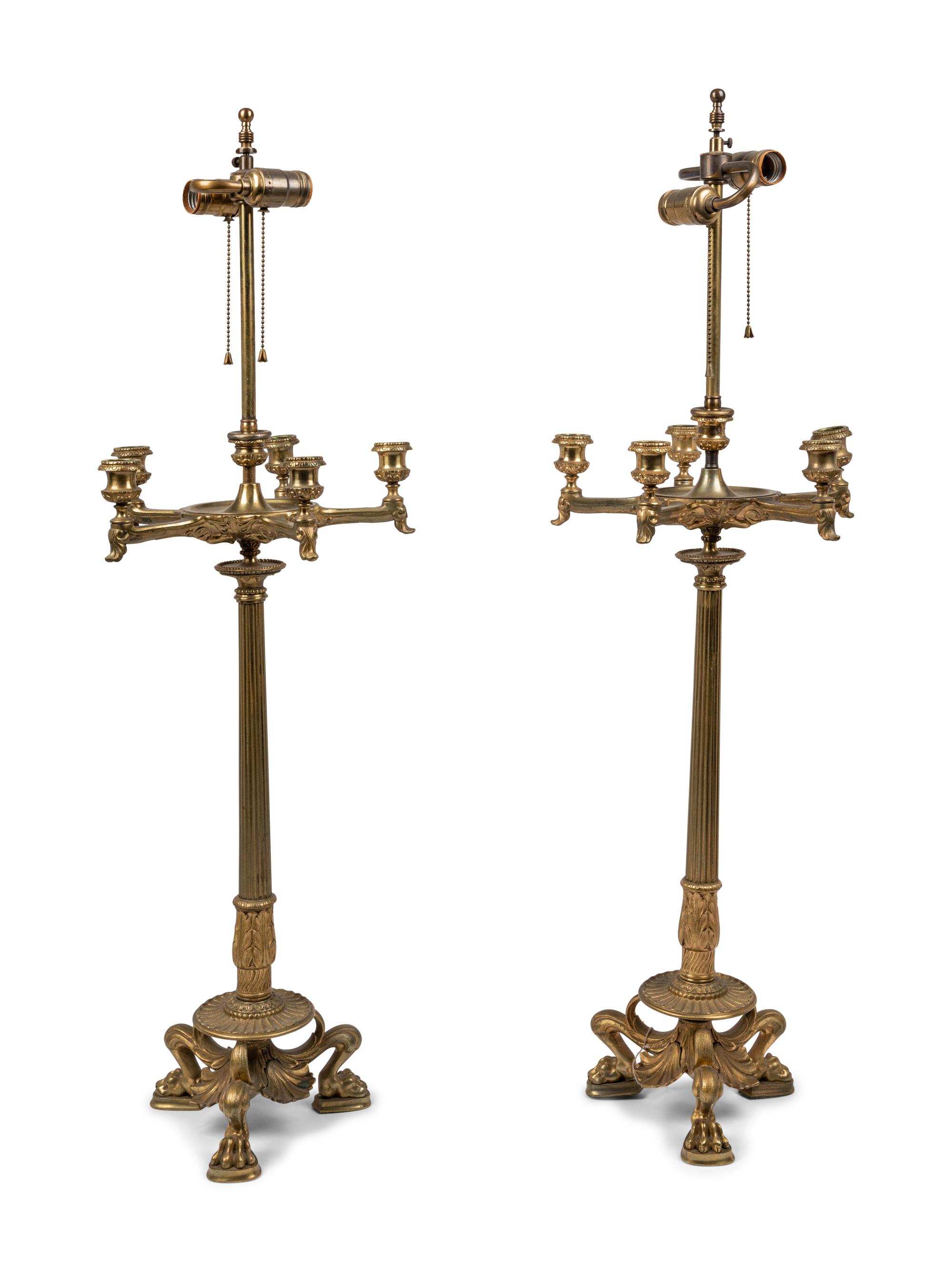 A Pair of Neoclassical Gilt Bronze Six-Light Candelabra Mounted as Lamps