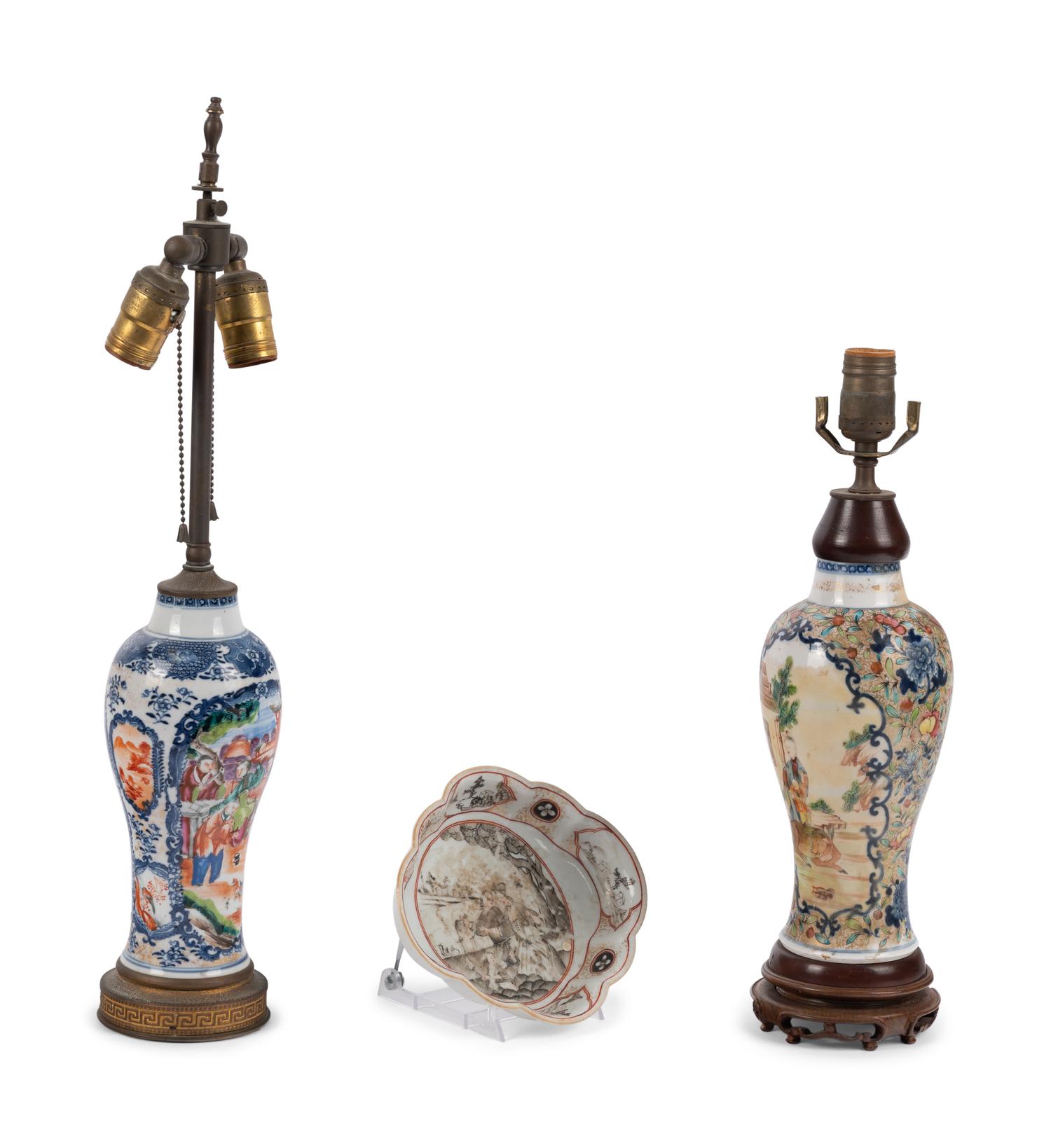 Two Chinese Export Porcelain Vases and a Porcelain Dish