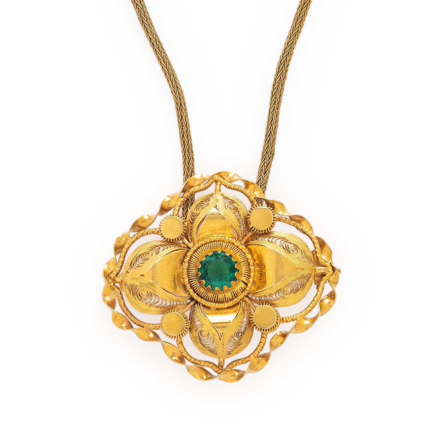 Yellow Gold and Green Glass Pollera Necklace