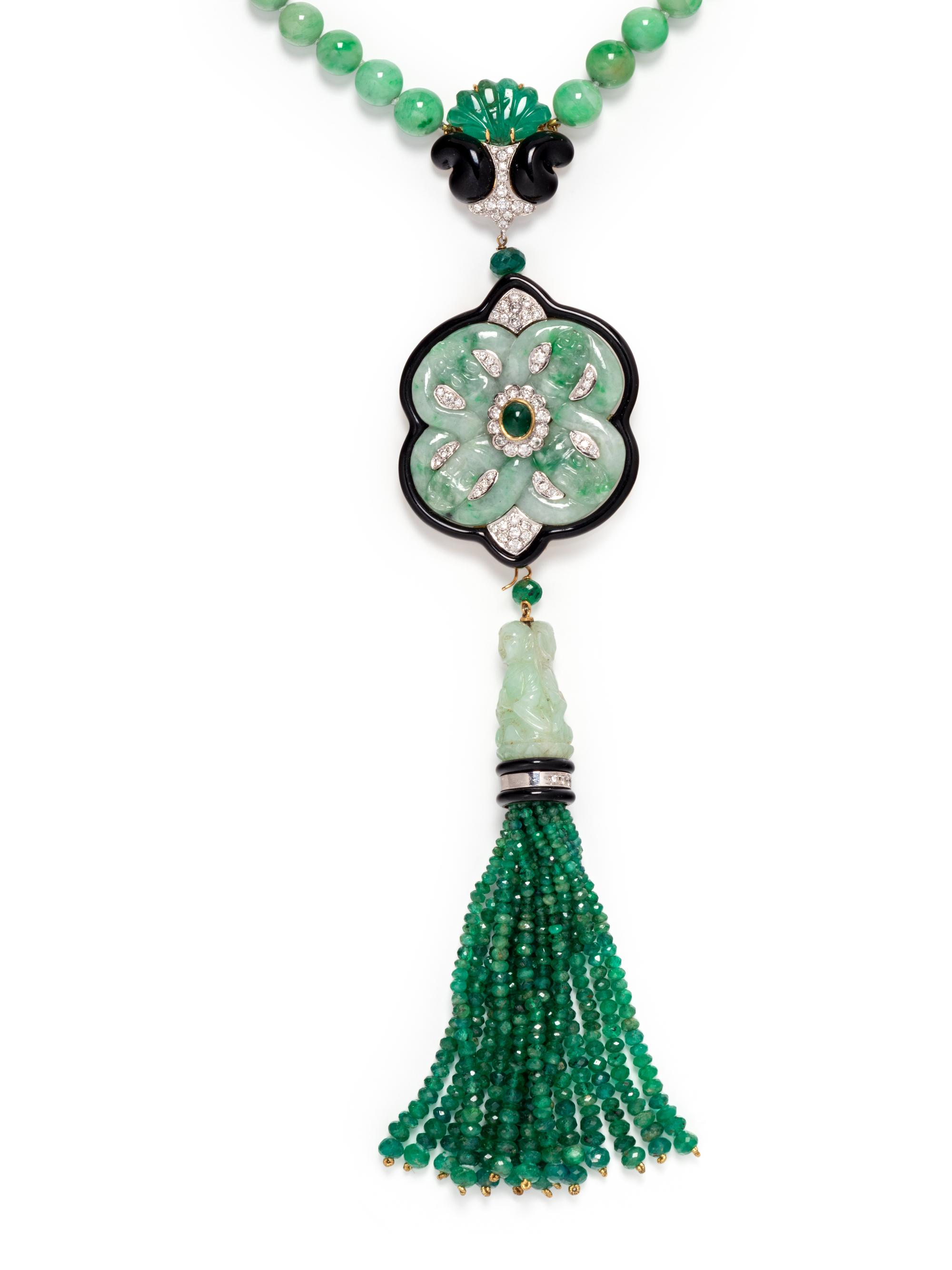 JADE, EMERALD, ONYX AND DIAMOND CONVERTIBLE NECKLACE