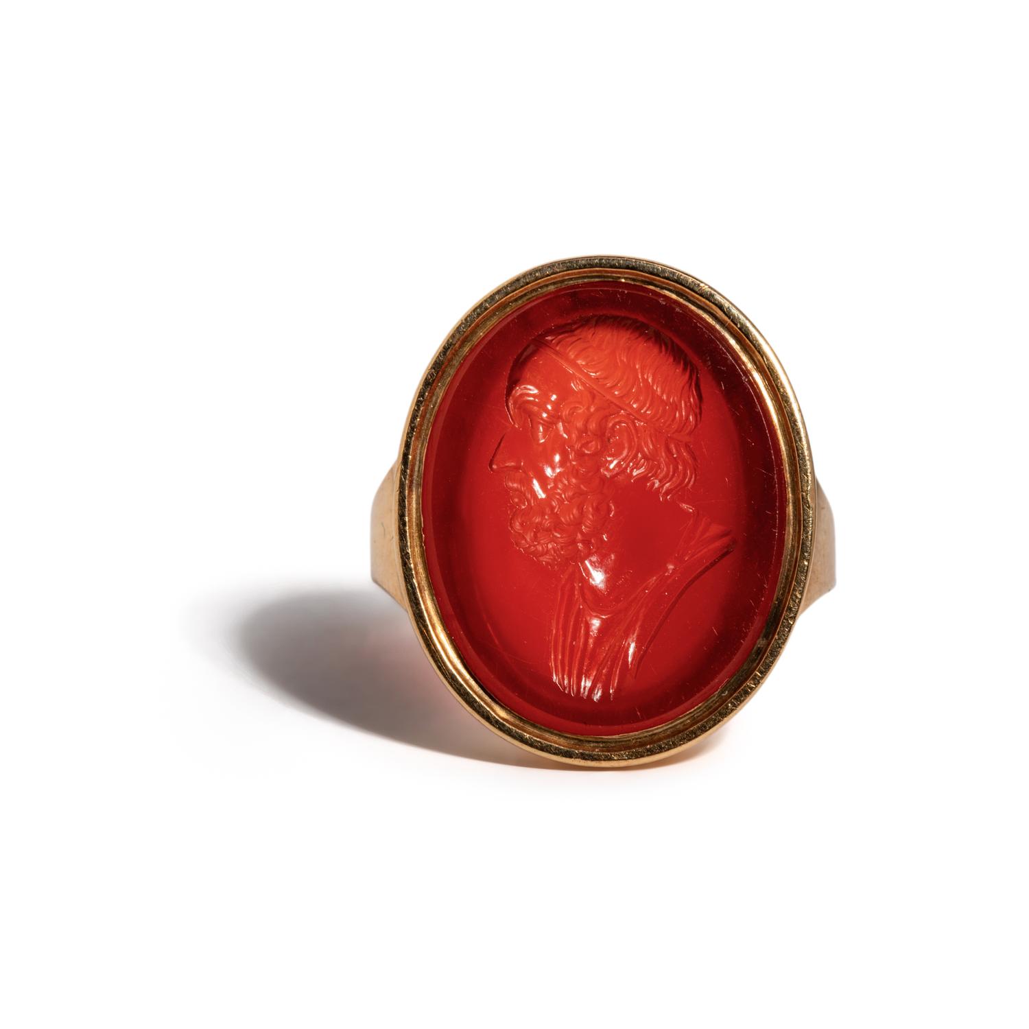 A Neoclassical Gold and Carnelian Finger Ring with a Portrait Bust of Homer
