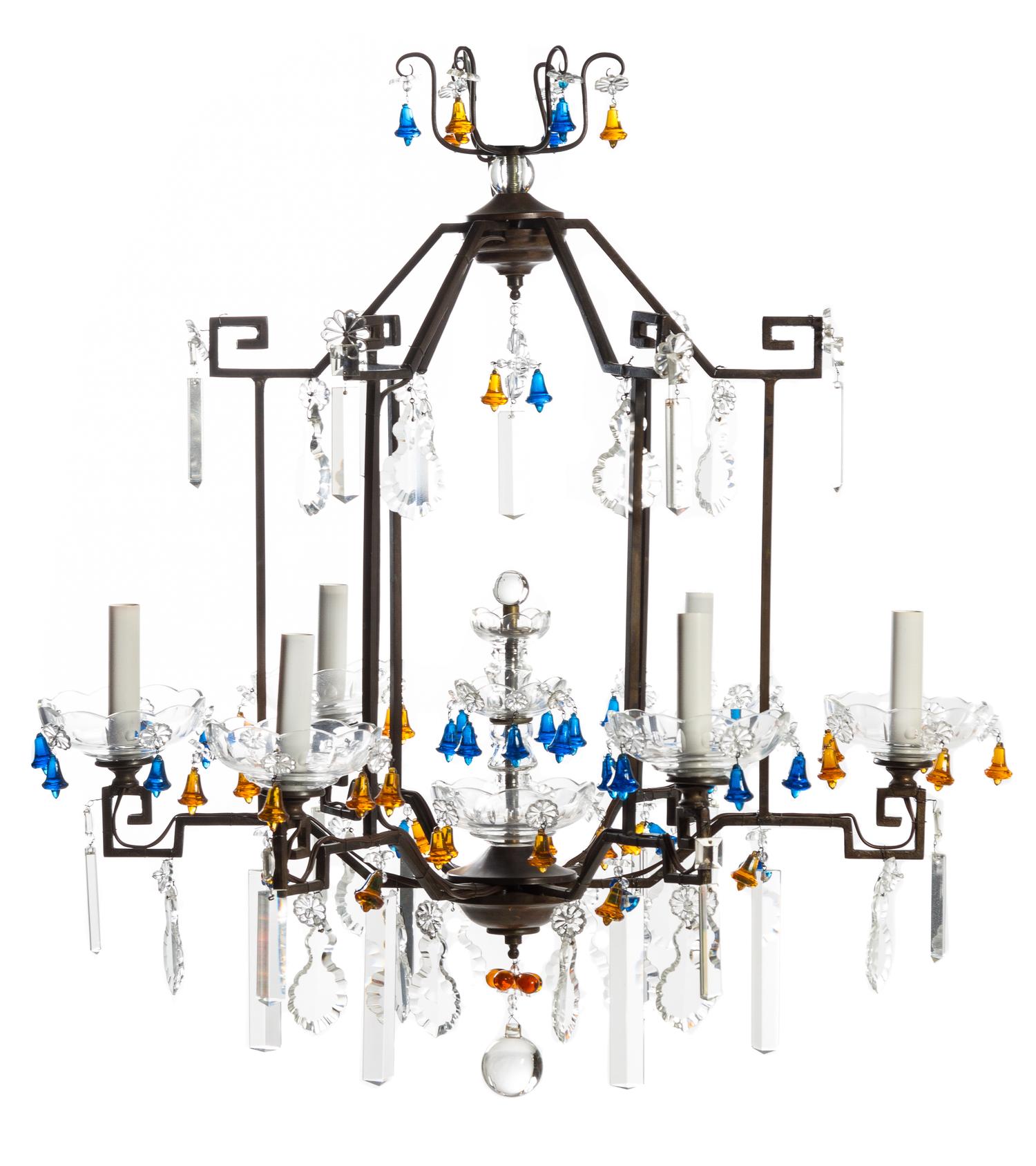 A Chinoiserie Style Chandelier Height 29 x diameter 26 inches.