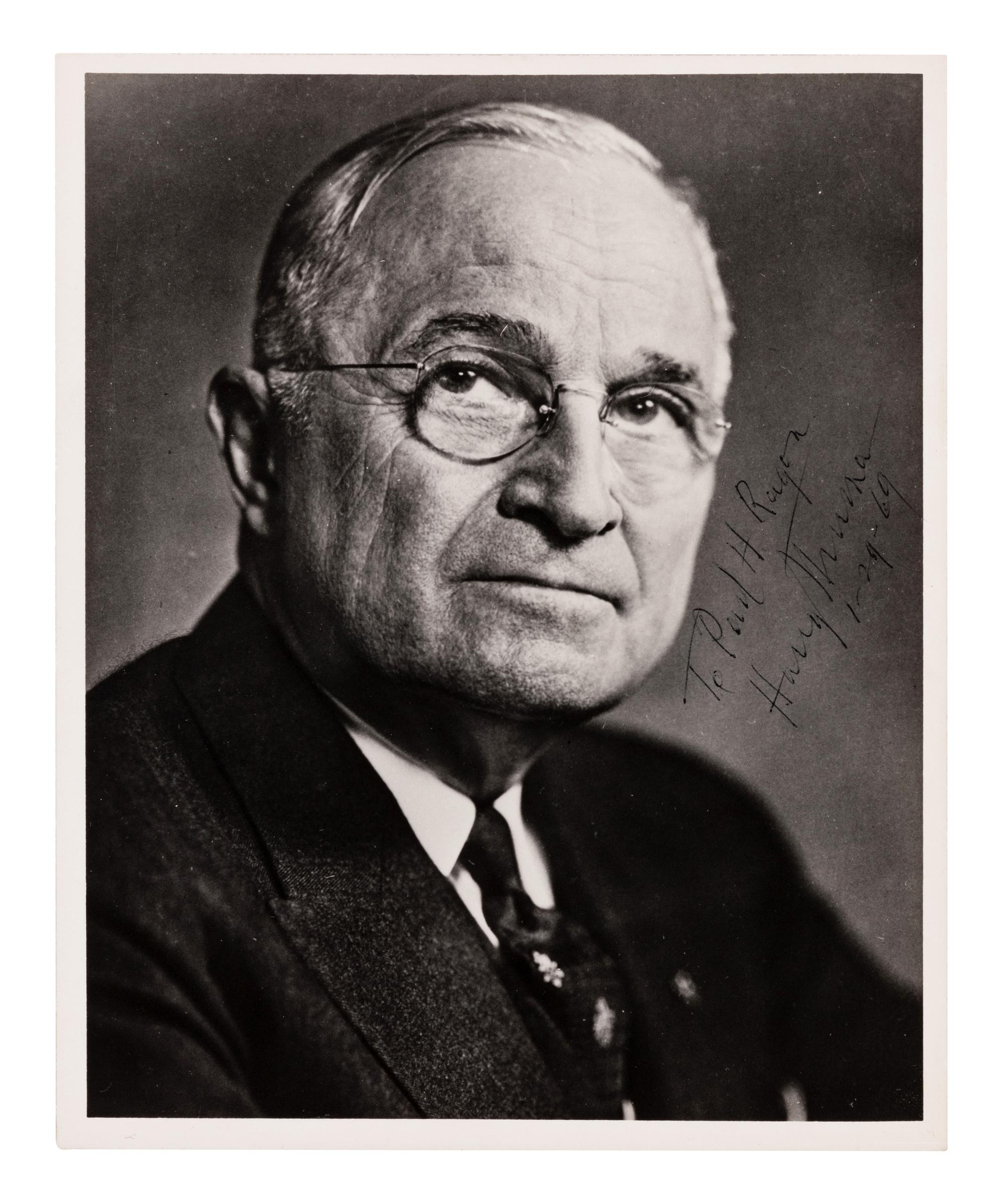 TRUMAN, Harry S. (1884-1972), President. Photograph signed and inscribed ("Harry Truman"), to Paul H. Ragon. N.p., January 29, 1969.