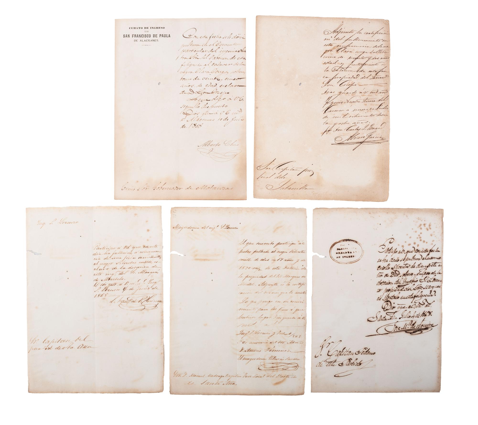 [SLAVERY & ABOLITION]. A group of documents mostly recording the deaths and burials of enslaved persons in Cuba, including: