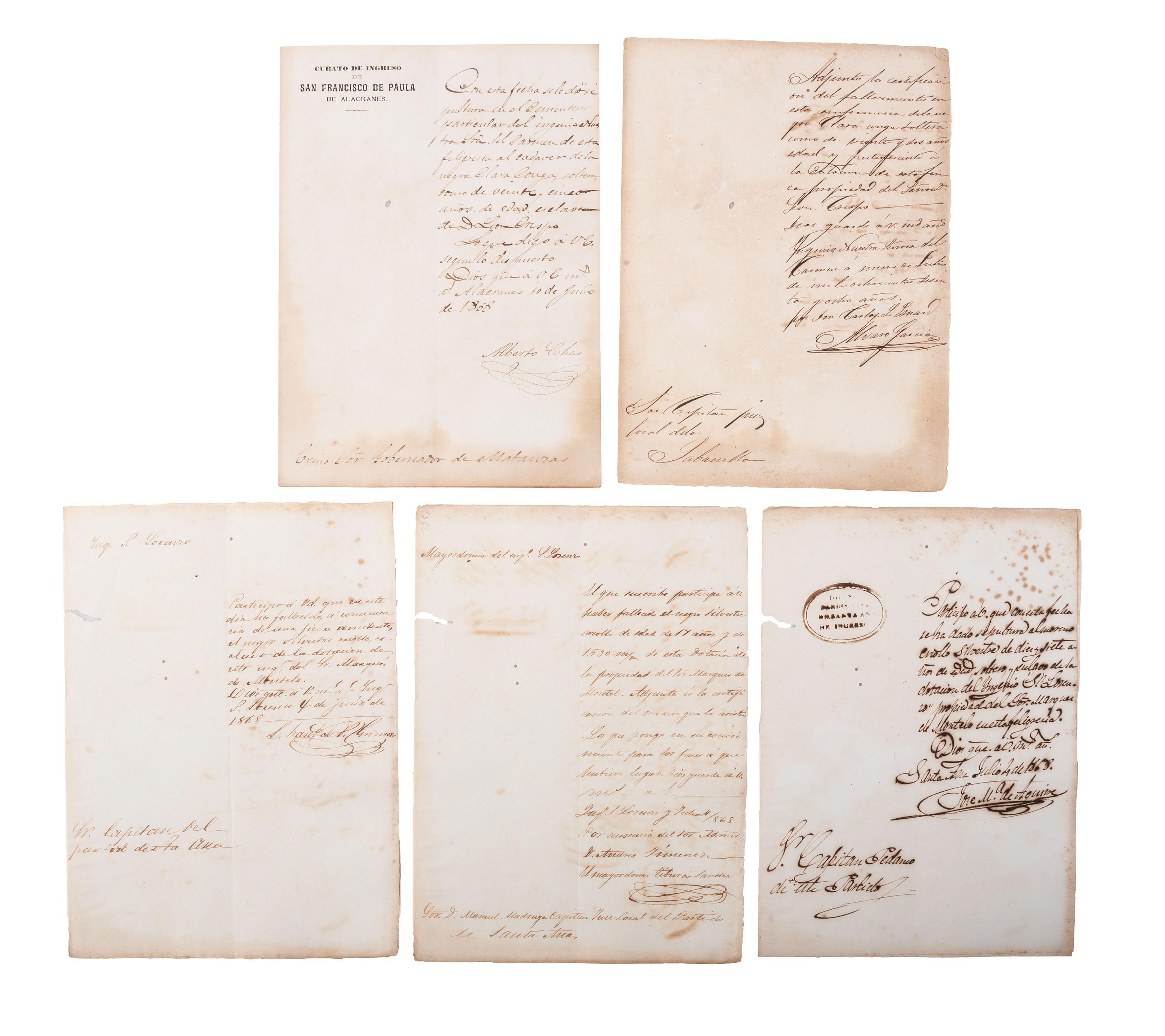[SLAVERY & ABOLITION]. A group of documents mostly recording the deaths and burials of enslaved persons in Cuba, including: