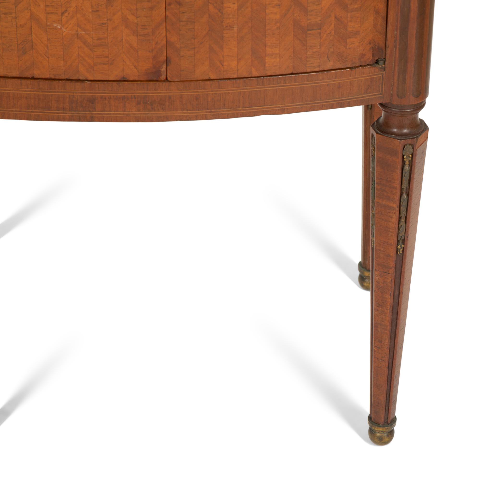 A Pair of Italian Gilt Metal Mounted Fruitwood Commodini with Marble Tops