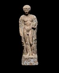 A Boeotian Terracotta Standing Youth with a Cock
