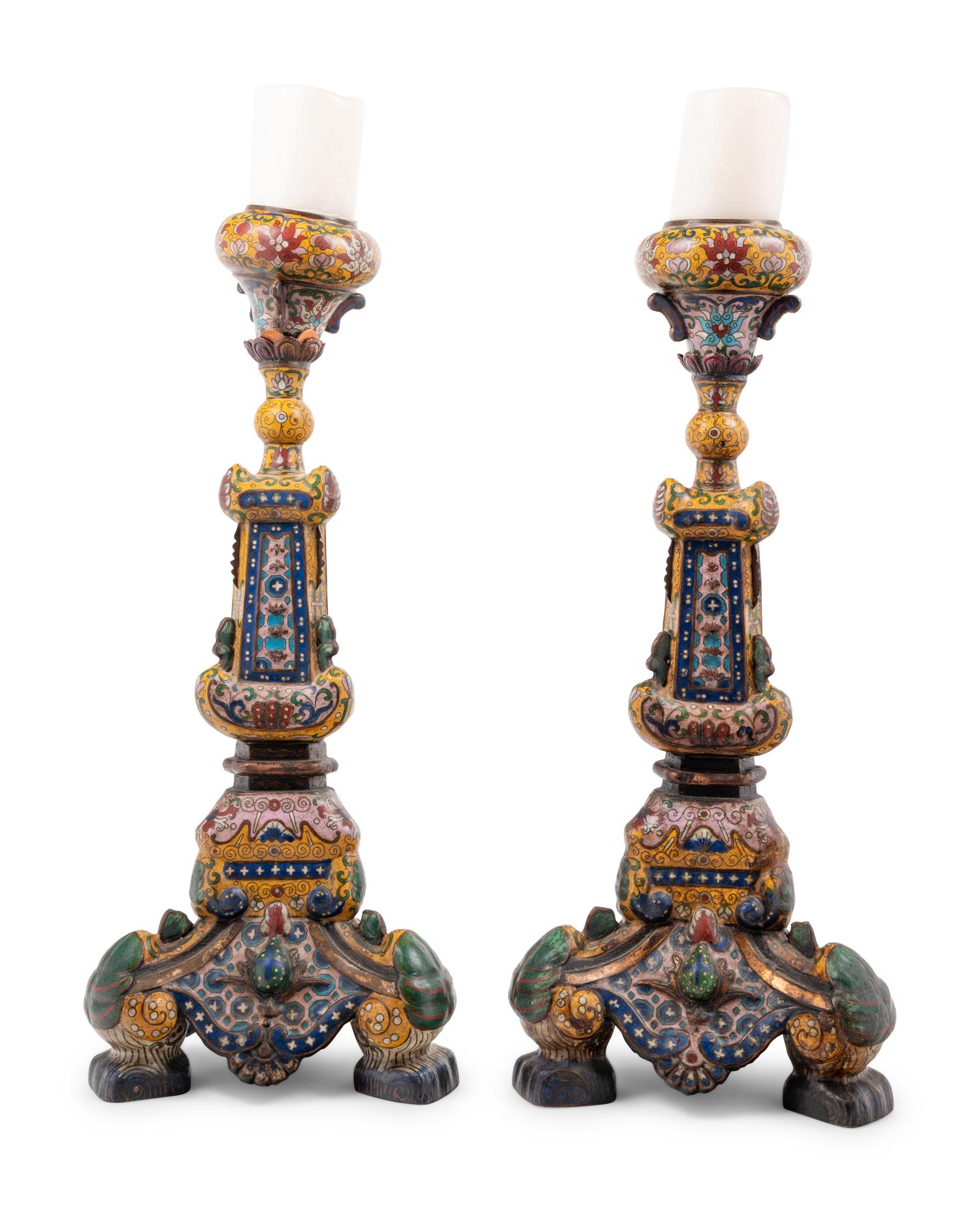 A Pair of Japanese Yellow Ground Cloisonné Candlesticks