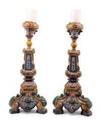 A Pair of Japanese Yellow Ground Cloisonné Candlesticks