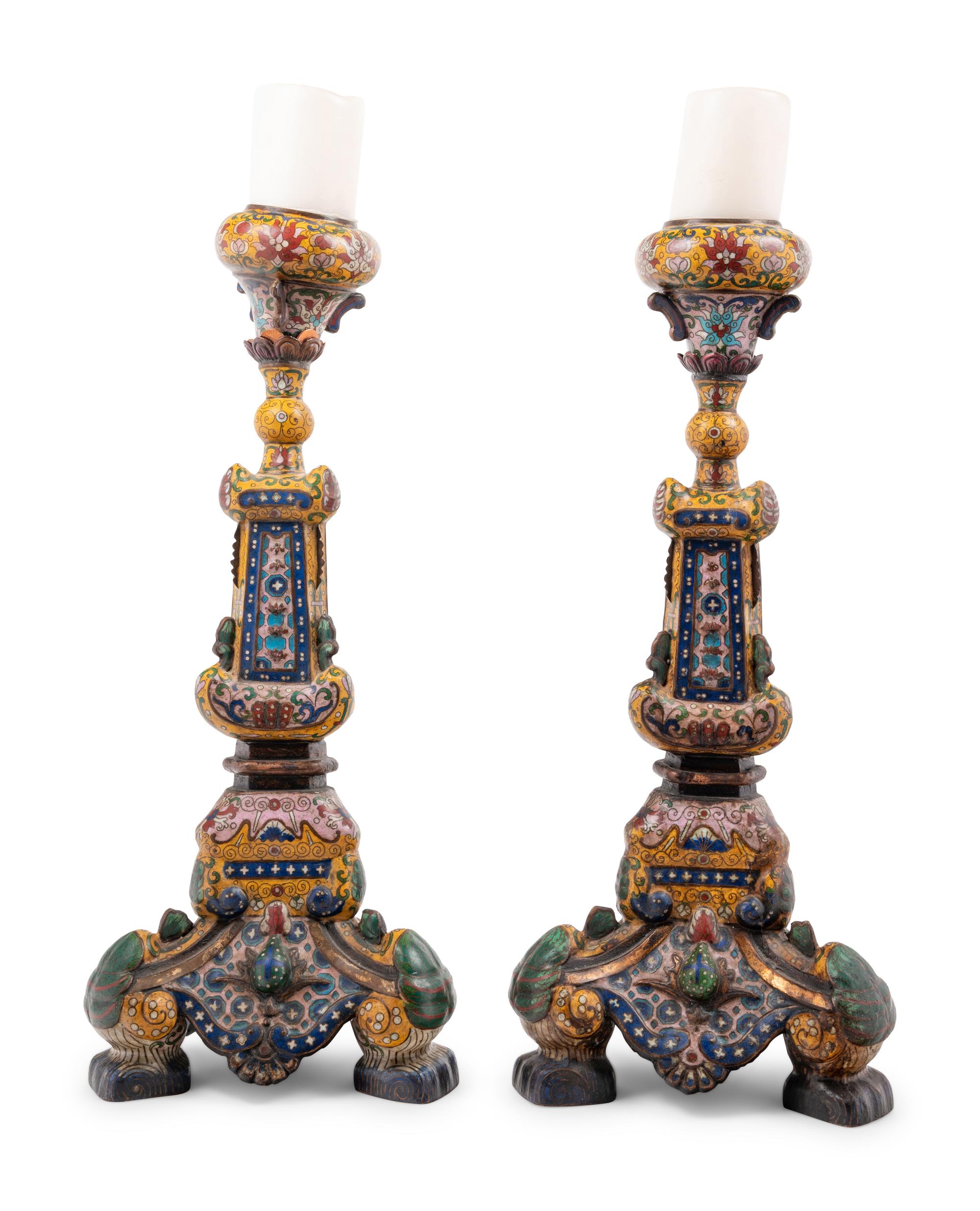 A Pair of Japanese Yellow Ground Cloisonné Candlesticks